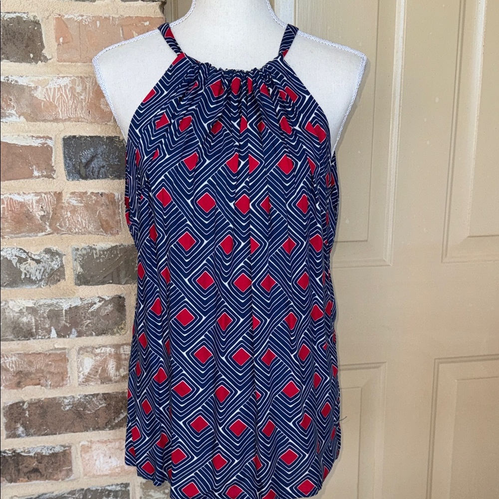 NWT Escapada Navy & Red Alice Tank Geometric Halter Tie Neck Top Sz M